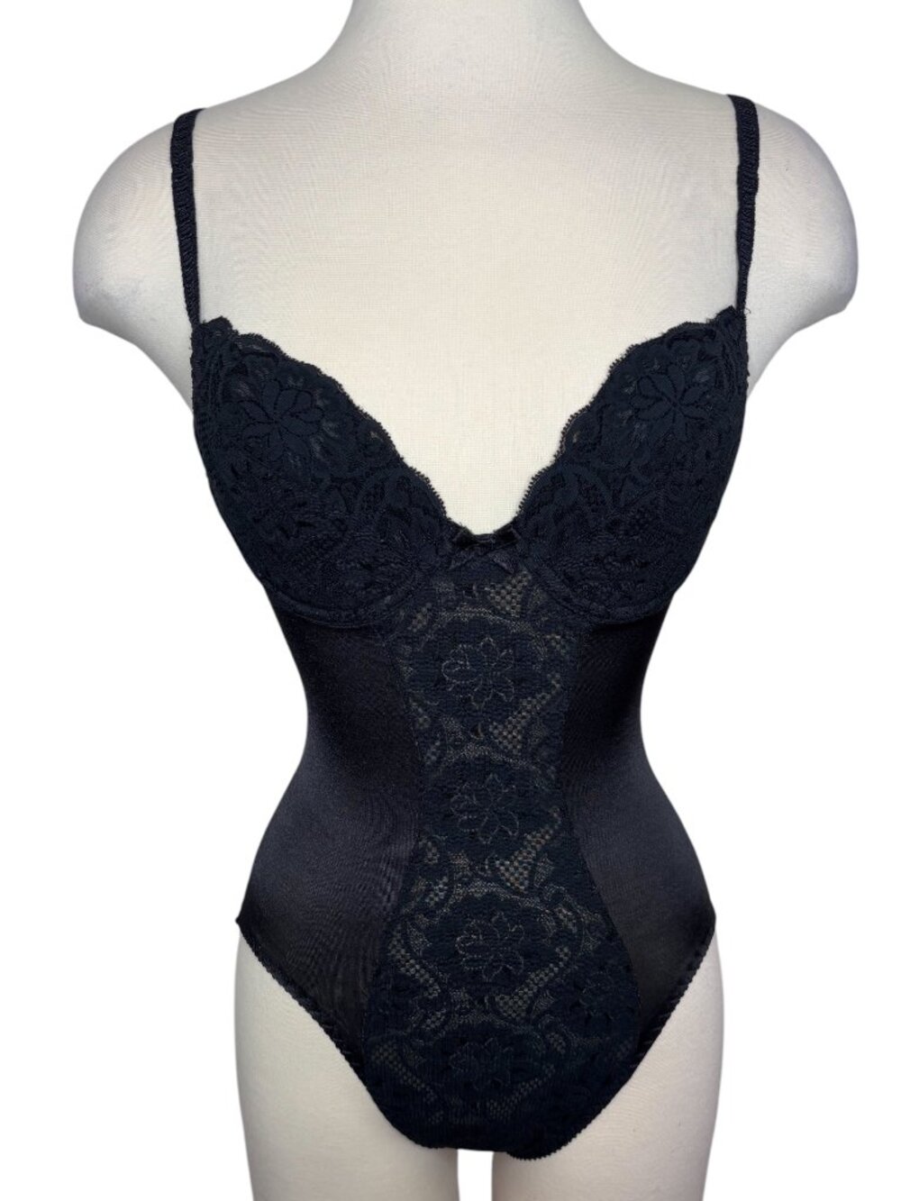 Vintage Olga Black Shapewear Underwire Lace Detail Bodysuit Teddy Lingerie 34B